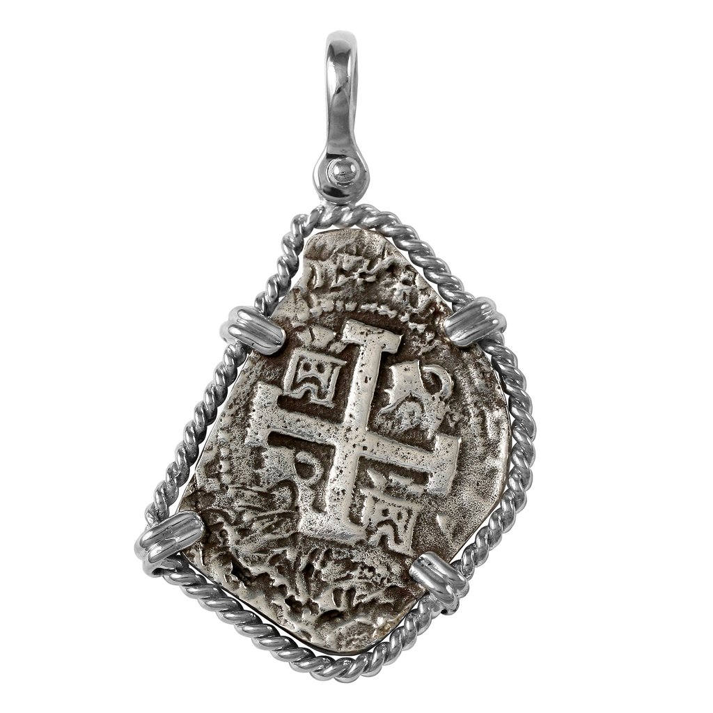 Atocha Silver 1 1/2" Replica Spanish Coin with Twisted Wire Frame and Shackle Bail