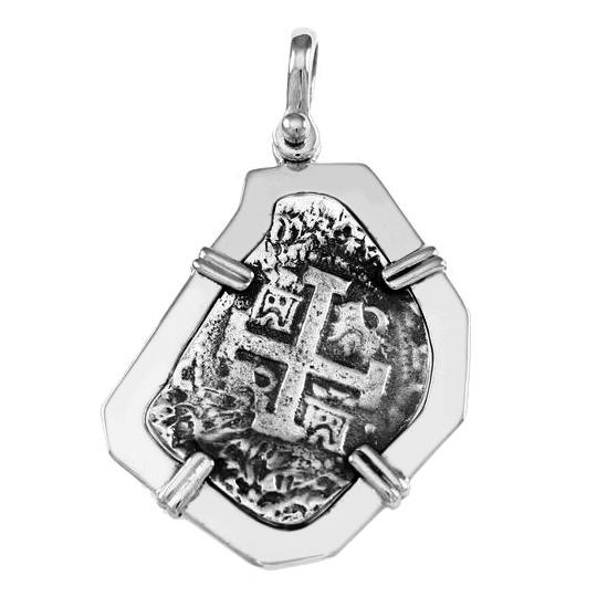 Atocha Silver 1 1/2" Replica Spanish Coin with Smooth Bezel Frame and Shackle Bail