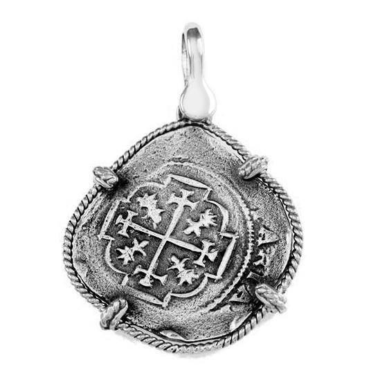 Atocha Silver 1 1/4" Spanish Replica Coin Pendant with Twisted Frame and Shackle Bail