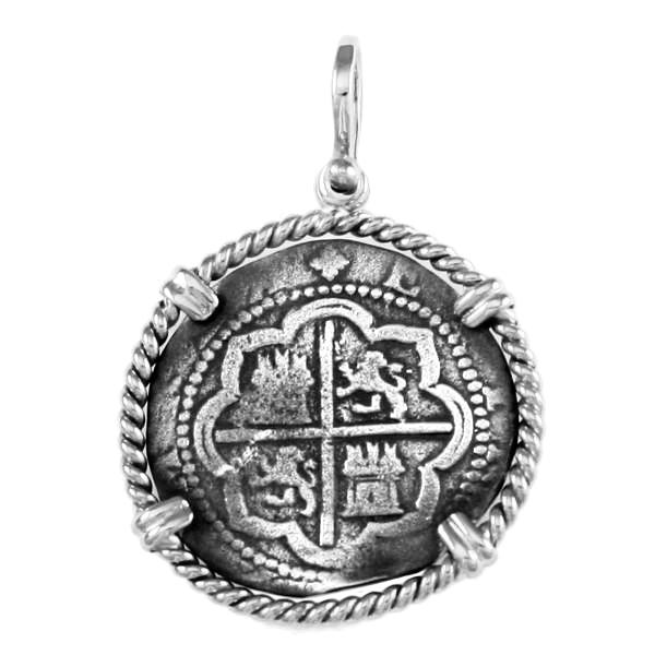 Atocha Silver 1 1/8" 2 Real Atocha Treasure Replica Coin Pendant in Rope Frame - Limited Edition