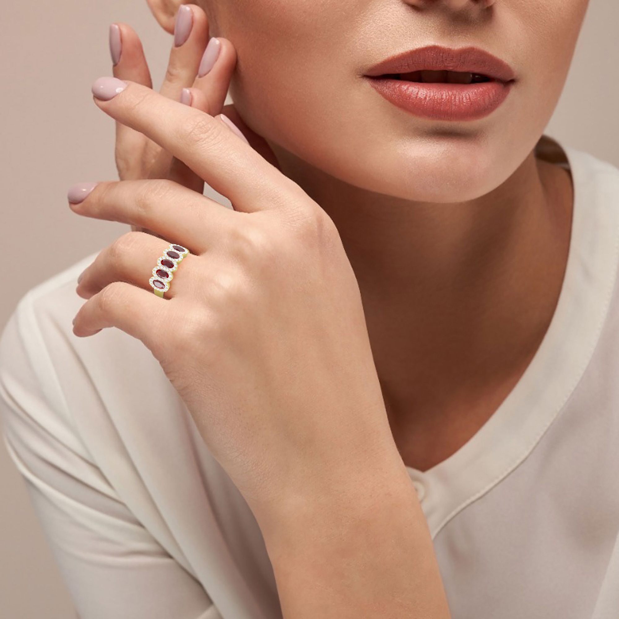 SUNFLOWER 5 STONE OVAL RUBY AND DIAMOND RING - 3