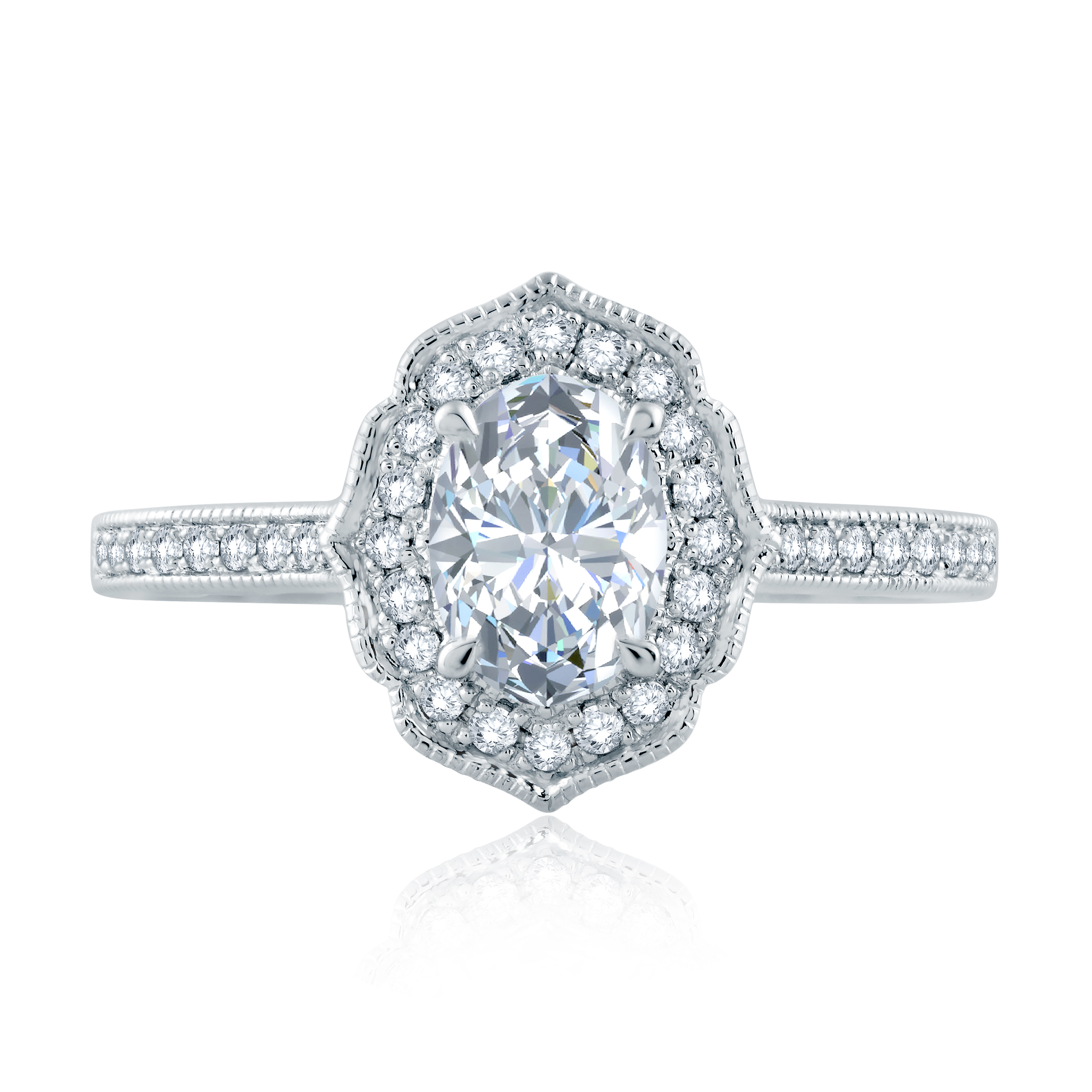 Floral Inspired Milgrain Detail Halo Oval Engagement Ring