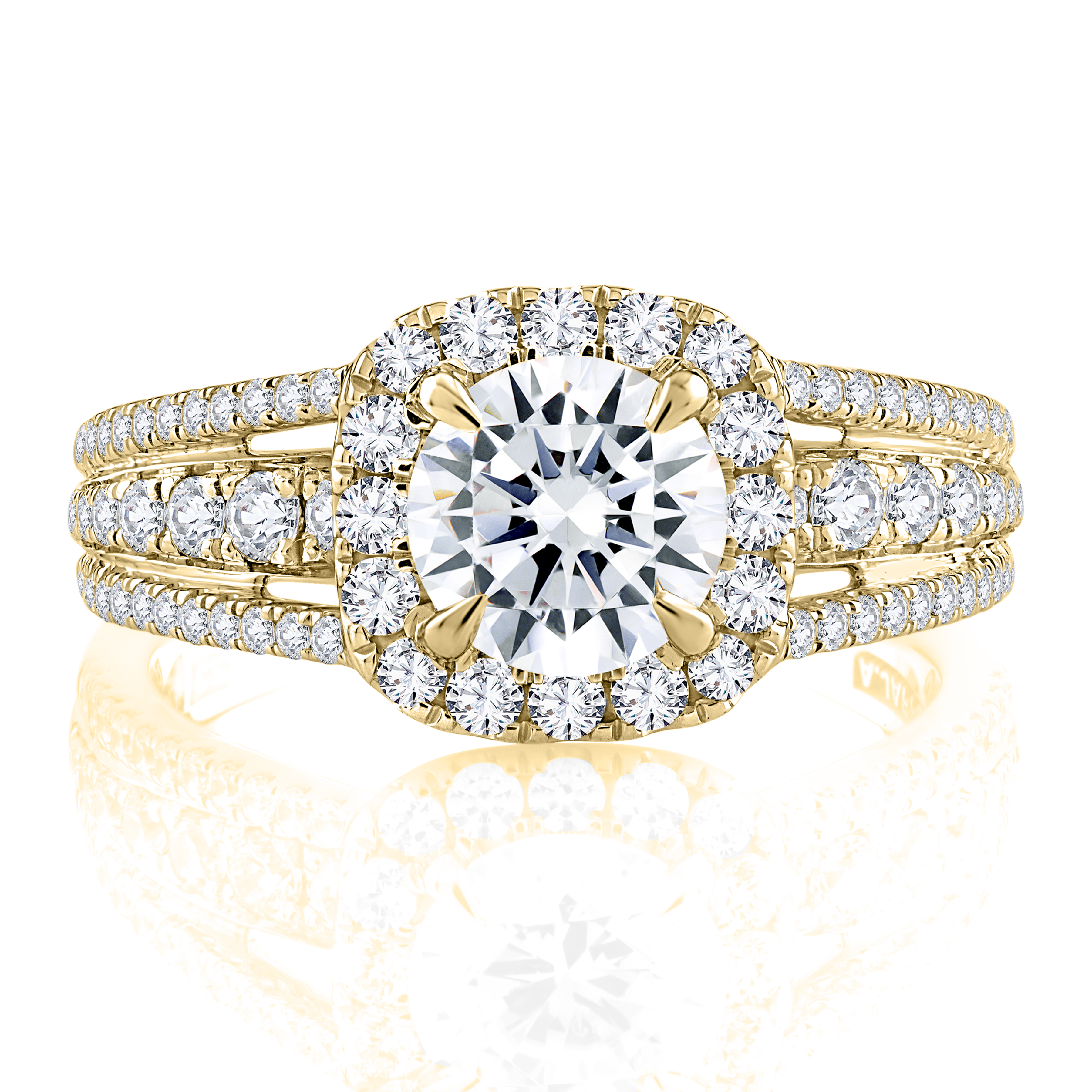 Triple Split Shank Halo Round Cut Diamond Engagement Ring