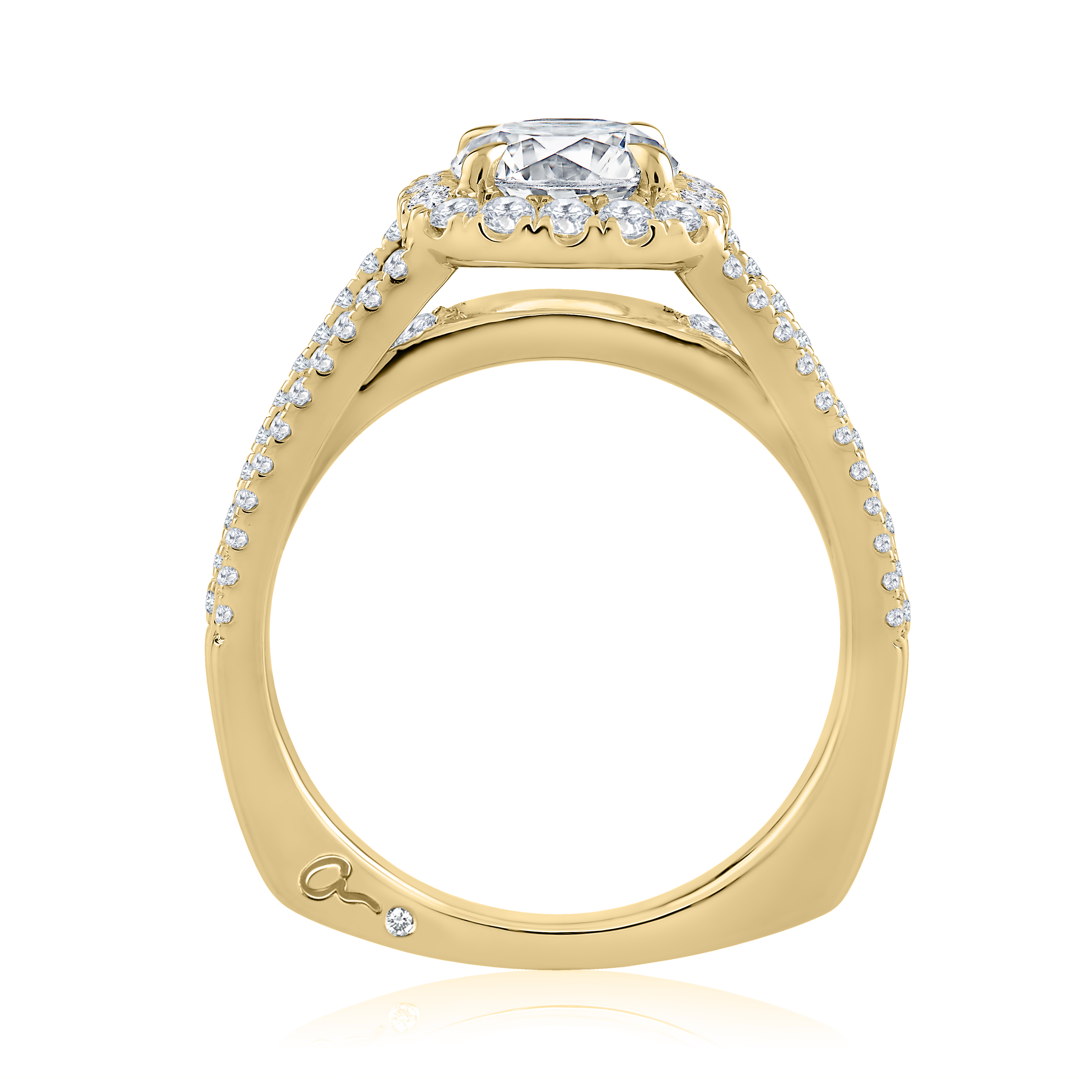 Triple Split Shank Halo Round Cut Diamond Engagement Ring - 1