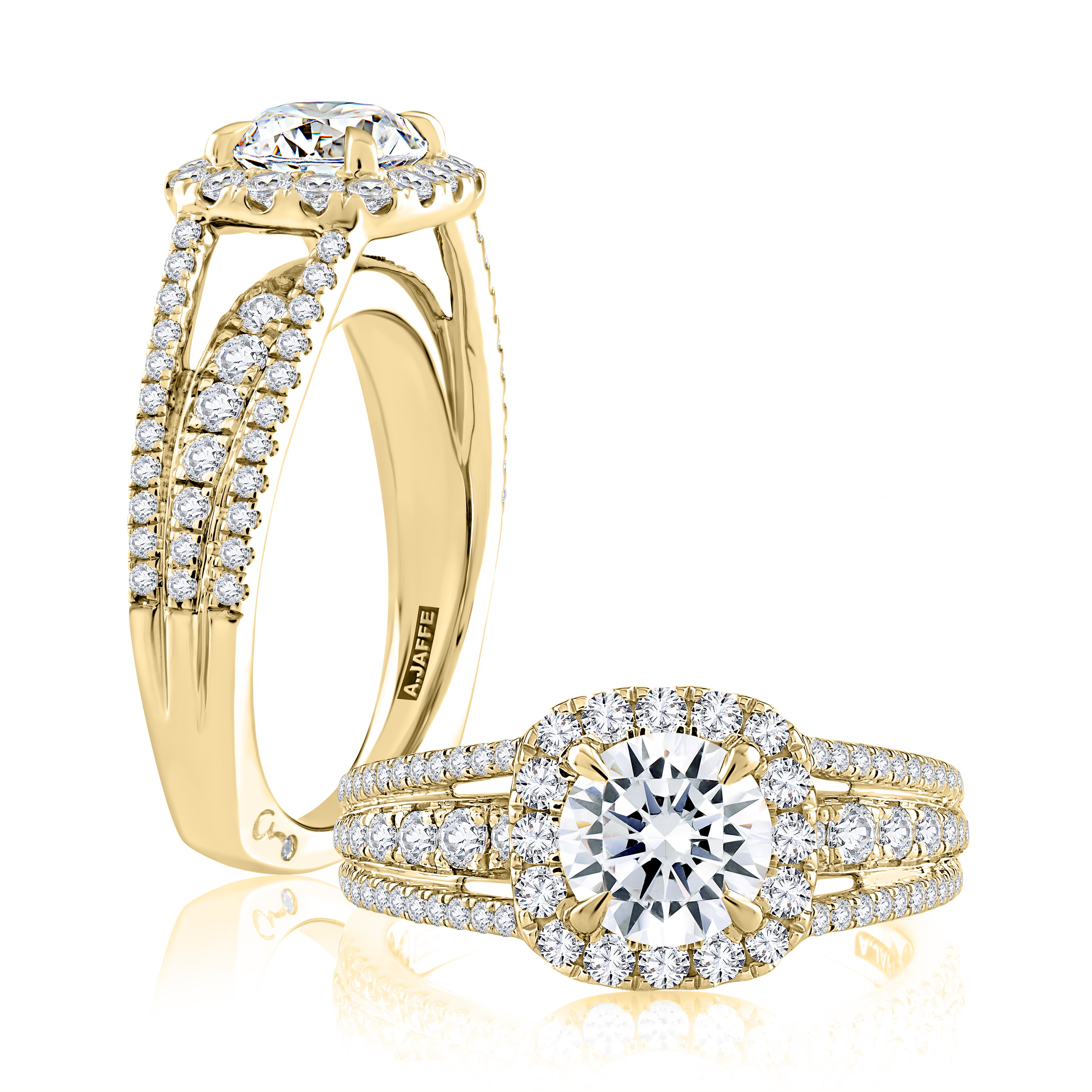 Triple Split Shank Halo Round Cut Diamond Engagement Ring - 2