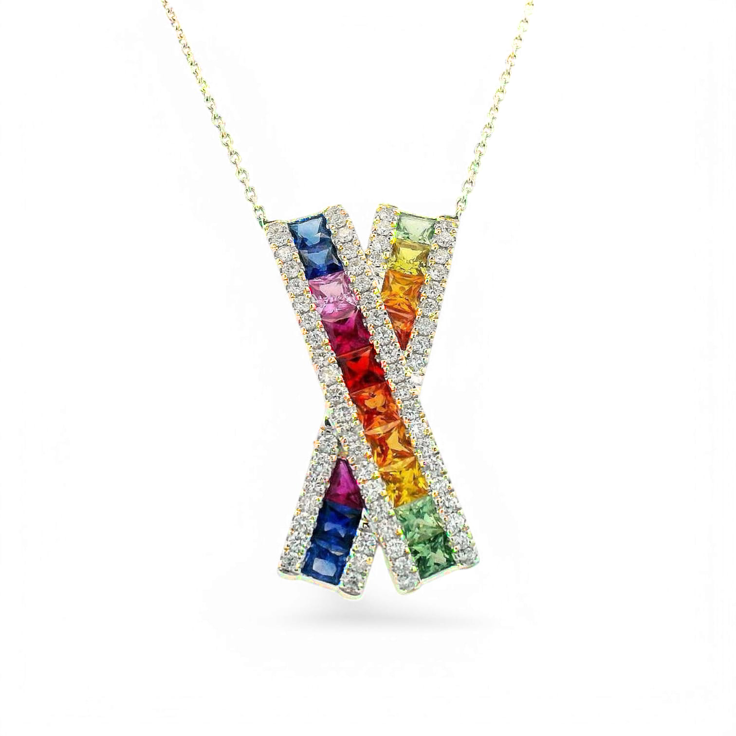RAINBOW CROSSWAVE MULTI COLORED SAPPHIRE AND DIAMOND NECKLACE