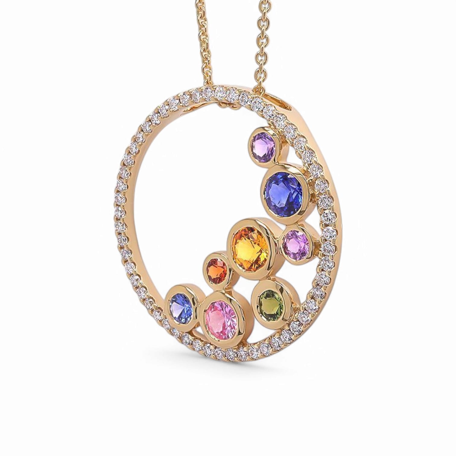 RAINBOW PEBBLE MULTI COLORED SAPPHIRE AND DIAMOND NECKLACE - 1