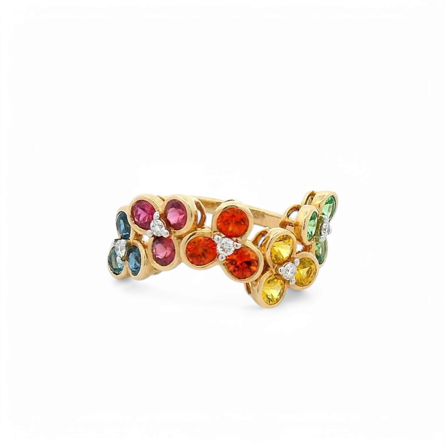 RAINBOW STEPSTONE MULTI COLORED SAPPHIRE AND DIAMOND RING