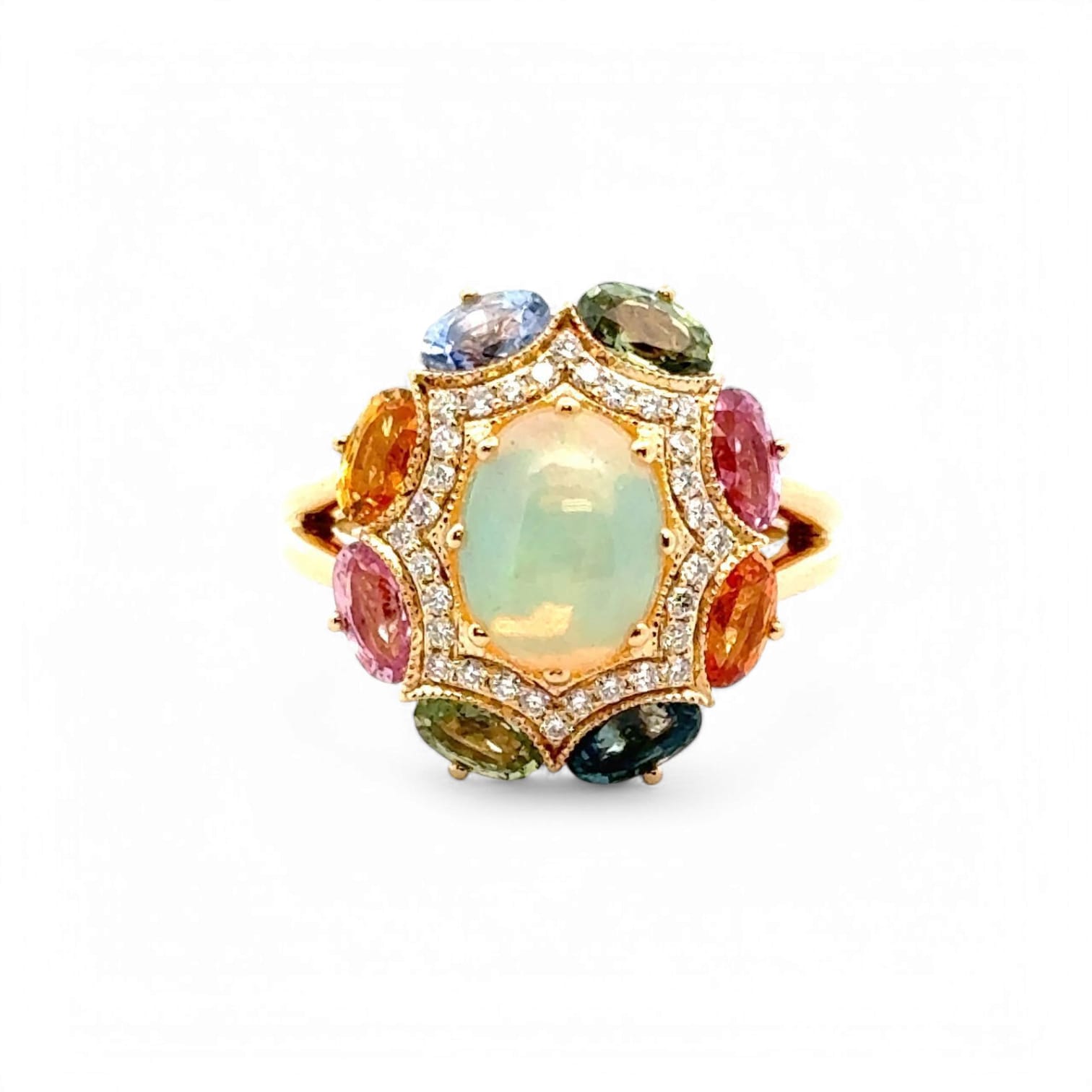 RAINBOW WAVE MULTI COLORED SAPPHIRE OPAL AND DIAMOND RING