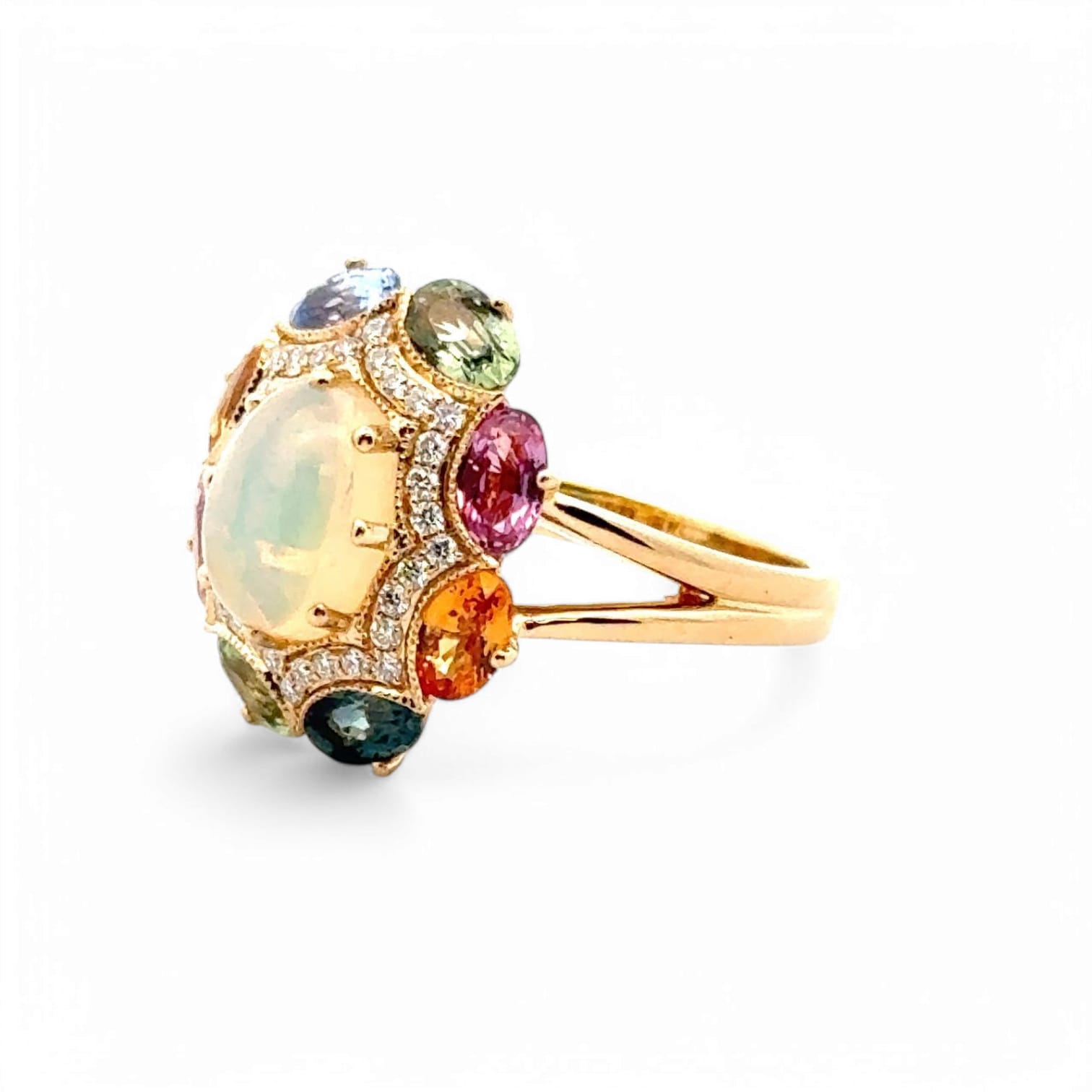 RAINBOW WAVE MULTI COLORED SAPPHIRE OPAL AND DIAMOND RING - 1