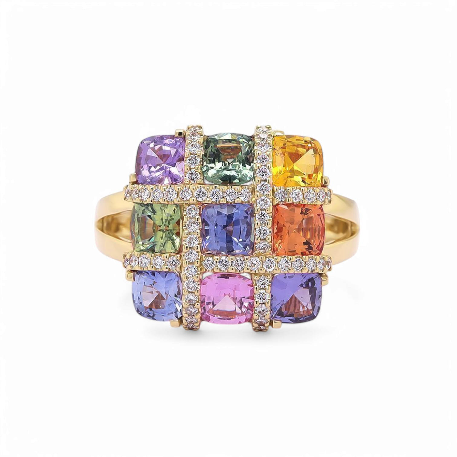 RAINBOW MIRAGE MULTI COLORED SAPPHIRE AND DIAMOND RING